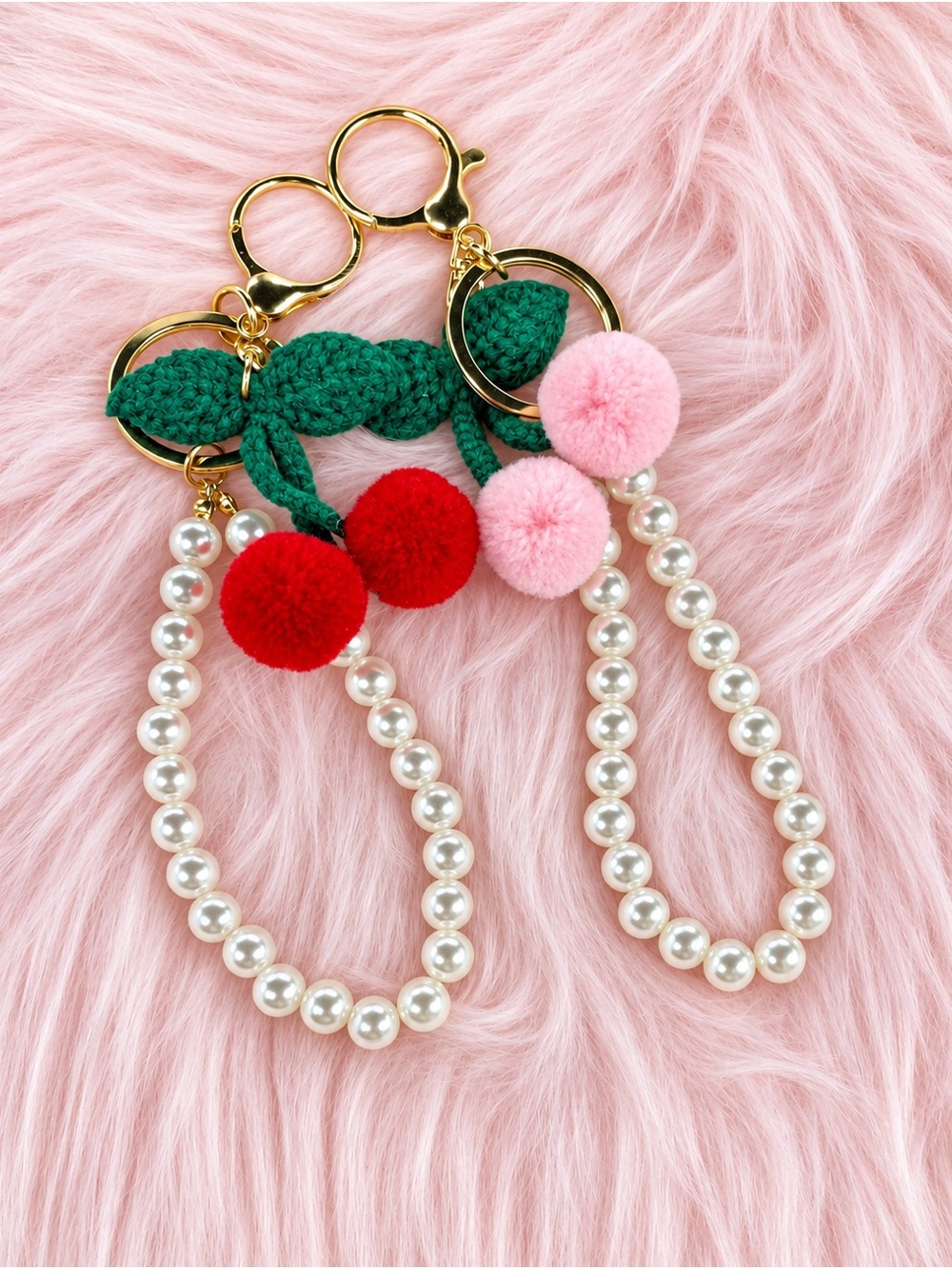 X2 set Pearl Wrist Keychain with Crochet Leaf & Pom - Pink & Red